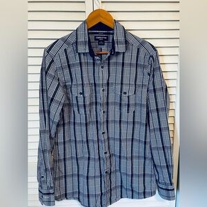 Men’s Claiborne Slim Fit Navy & White Plaid Dress Shirt - Size Medium